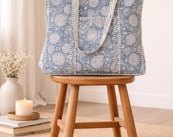 Blue White  Cotton Quilted Tote For Shopping, Shoulder Carry On For market/Bags, Hand Block Print Custom Storage Bag, Purses/Travel Bag |