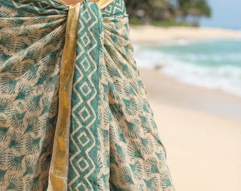 Boho Teal & Beige Printed  Sarong with Golden Zari Border | Beach Wrap,Beach / Resort Wear, Golden Zari Border Wrap,Swim Cover Up Boho Scarf