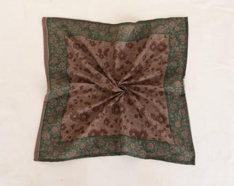 Floral Cotton Bandana - Brown & Green, Hand Block Printed Scarf