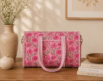 Rosa Floral gesteppte Reisetasche, Wochenend-Tasche mit Handblockdruck, Baumwoll-Reisetasche, Boho Reisetasche, Damen Handgepäck,|