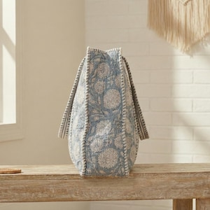 May include: A blue and white floral patterned tote bag with two handles. The bag is made of a textured fabric and sits on a wooden bench. The bag's design features a repeating floral pattern.