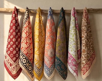 Juego de 7 pañuelos de algodón, bufandas bohemias de algodón, pañuelo ligero para el cuello o el cabello, accesorio unisex sostenible, regalo para ella.