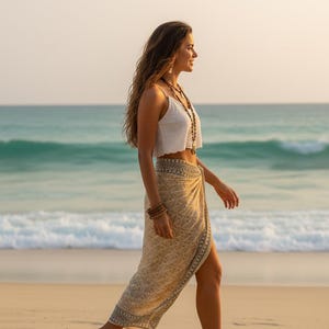 Pode incluir: Uma mulher com um top branco e um sarongue bege com um padr&atilde;o geom&eacute;trico caminha numa praia arenosa. Ela usa colares e pulseiras em camadas. O oceano e o c&eacute;u s&atilde;o vis&iacute;veis ao fundo.