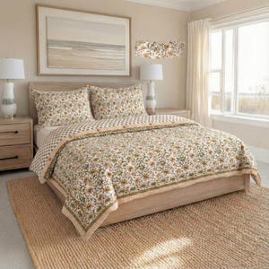 Hand block Style Floral Quilt Cover,  Boho Bedroom Decor,  Bed Cover with Two Pillow Cases, Floral Design Boho Bed Sheet, Home Gifts For Her