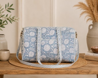 Bolso de lona azul con estampado floral, bolso de fin de semana de algodón hecho a mano, bolso de viaje para pasar la noche, bolso de gimnasio estilo bohemio, bolso de hombro acolchado, /
