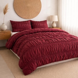 Burgundy Wrinkle Duvet Cover, Washed Cotton Bedding, Textured Comforter Cover, Bedroom Decor, Bohemian Dorm Bedding Set, Quilt Cover, Gift
