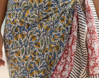 Cotton Sarong For Women, Block Print Shawl,Swimwear Beach Coverup,Summer Sarong, Cotton Pareo, Vacation Wear, Travel Pareo, Burning Man Gift