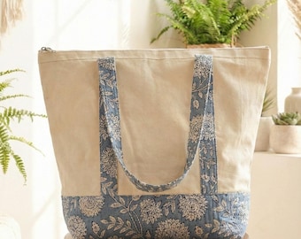 Handmade Floral Canvas Tote Bag with Zipper | Cotton Canvas Shoulder Bag | Reusable Everyday Market Bag | Eco Friendly Daily Tote