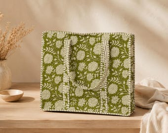 Green Floral Tote Bag, Hand Block Print Cotton Tote Bag, Handmade Reusable Shopping Bag, Large Market Bag, Eco Friendly Shoulder Bag, |