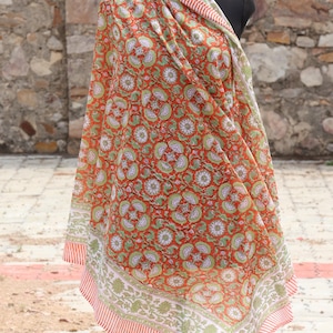 Orange & Olive Floral Block Print Cotton Sarong – Beach Wrap Pareo | Summer Beach Pareo | Floral Cover-Up Wrap | Indian Block Pint Sarong image 6