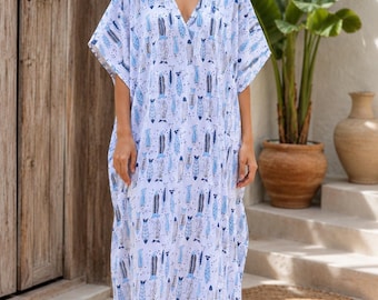 Handbedruckter Baumwoll-Strandkaftan, Boho-Kaftankleid für Damen, florale Resortmode, handgefertigte indische Kleidung, Resortmode für Damen