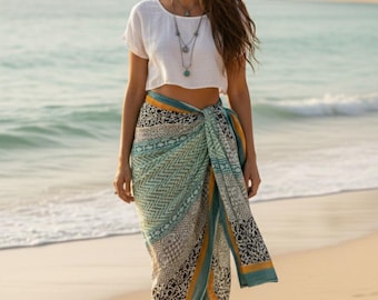 Hand Block Print Cotton Sarong, Beach Coverup, Blue Shawl