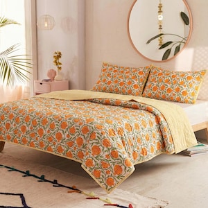 3-teiliges Bettwäsche-Set aus Baumwolle, Handblock, bedruckt, Baumwolle, gesteppt, Quilt, King-Size-Queen-Bettwäsche, Tröster-Set, King-Queen-Set, Boho-Quilt