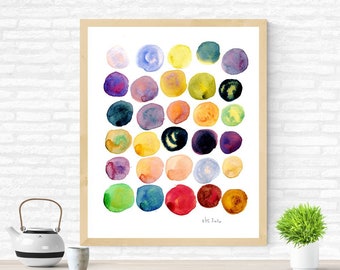 May include: A framed watercolor painting of a grid of 36 colorful circles. The circles are painted in various shades of blue, green, yellow, orange, red, and purple. The painting is signed "Ylz Julu" in the bottom right corner.