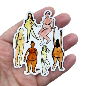 May include: Six illustrated figures of people with different skin tones, all nude, standing in various poses. The figures are drawn in a simple, cartoon style with black outlines and watercolor washes.