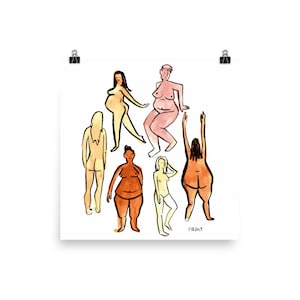 May include: A watercolor illustration of six nude figures in various poses. The figures are drawn in a simple, stylized manner and are painted in shades of orange, yellow, and pink.