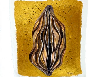 Sasha In Gold / ORIGINAL Metallic Painting Feminist LGBTQIA Labia Vagina Vulva Yoni Art Midwife Doula Gift Watercolor Painting Goddess