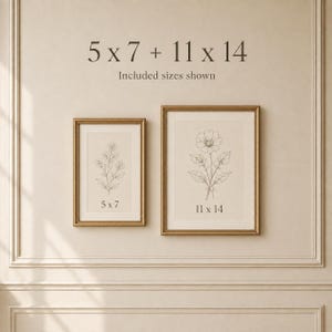 May include: Two framed wall art prints with gold-toned frames. The smaller print features a botanical line drawing of a flower with the text 5 x 7. The larger print displays a floral line drawing with the text 11 x 14. Text above reads 5 x 7 + 11 x 14.