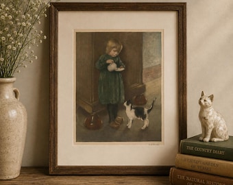 Vintage Cat & Girl Print: Restored Antique Farmhouse Nursery Art (Digital Download)