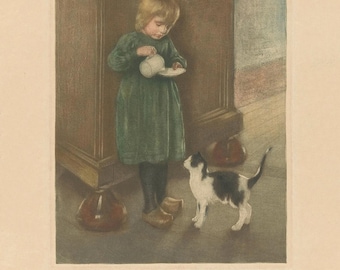 Vintage Cat & Girl Print: Restored Antique Farmhouse Nursery Art (Digital Download)