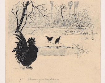Vintage Rooster & Chickens by the Pond – Farmhouse Animal Illustration Print | Digital Download