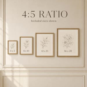 May include: Four framed wall art prints with botanical line drawings in a 4:5 ratio. The frames are gold-toned and contain prints labeled with sizes 4x5, 8x10, 12x15, and 16x20 inches. The text 4:5 RATIO and Included sizes shown is at the top.