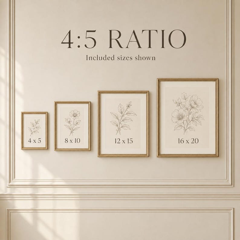 May include: Four framed wall art prints with botanical line drawings in a 4:5 ratio. The frames are gold-toned and contain prints labeled with sizes 4x5, 8x10, 12x15, and 16x20 inches. The text 4:5 RATIO and Included sizes shown is at the top.