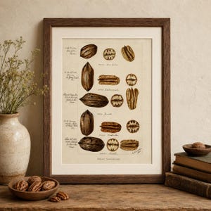 May include: A framed botanical print titled Pecan Varieties featuring detailed brown ink illustrations of various pecan nuts and their cross-sections, labeled with handwritten text, set in a dark wood frame with a cream-colored mat board.