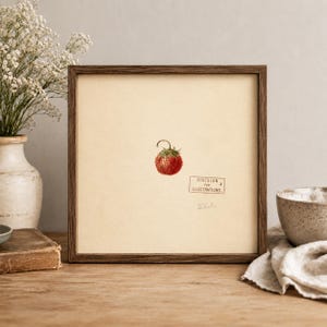 May include: A square framed botanical print featuring a single red strawberry illustration centered on a cream background. The print includes a rectangular stamp reading DIVISION OF ILLUSTRATIONS and a handwritten signature below the strawberry.