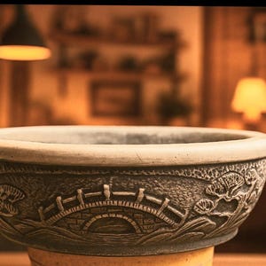 Könnte beinhalten: Eine graue Keramikschale mit detailliertem Reliefdesign. Die Schale zeigt ein Brücken- und Baummotiv auf der Außenseite. Der Rand ist heller als der Körper der Schale. Die Schale wird wahrscheinlich zu Dekorationszwecken oder als Pflanzgefäß verwendet.
