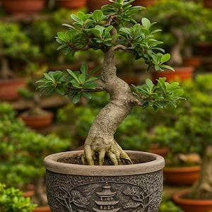 Peut inclure: Un bonsaï avec des feuilles vertes vives et un tronc texturé brun clair. L'arbre est planté dans un pot en céramique gris foncé décoratif avec un motif en relief d'inspiration asiatique. L'arrière-plan présente une série floue d'arbres bonsaïs similaires.