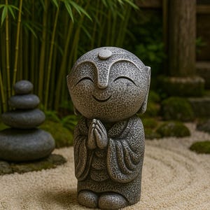Puede incluir: Una estatua de Buda de piedra gris con las manos juntas en oración, sonriendo serenamente. La estatua está situada en un jardín zen con un patrón de arena, bambú y piedras apiladas. Un objeto decorativo y pacífico.