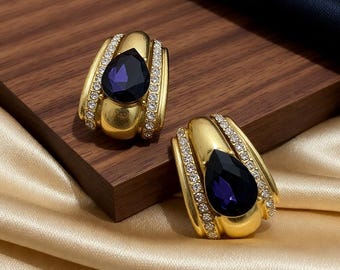 Vintage Royal Purple Teardrop Ohrstecker, Gold Ohrringe gewölbt, 80er Jahre Glam Statement Ohrstecker, persönliche Sammlung Verkauf, königliches Geschenk für Sie