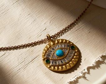 Handgemachte 18K Gold Evil Eye Medaillon Halskette, Türkis Talisman Anhänger, Boho Schutz Schmuck, spirituelles Geschenk für Sie, Celestial
