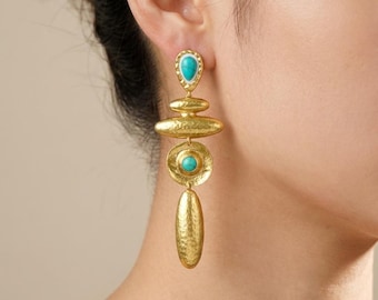 Gold Statement Ohrringe, Türkis Farbe Tropfen Ohrringe, Geometrische Boho Schmuck, Vintage Stil Geschenk für Sie
