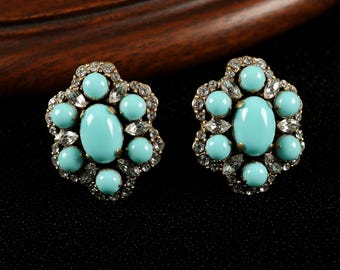 Vintage Türkis Ohrstecker, Handgemachte Kristall Ohrringe, Retro Blau Edelstein Schmuck, Elegante Gold Ohrstecker Geschenk für Sie