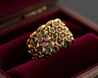 Chunky 18k Gold Plated Statement Ring, Natural Zircon Bold Dome Ring, US Size 8 Sculptural Jewelry, Organic Texture Minimalist Luxury Gift