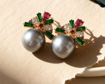 Vintage Perlen Ohrstecker, Bunte Edelstein Kronen Ohrringe, Barock inspirierte Perlen Ohrringe, Statement Handgefertigter Schmuck Geschenk