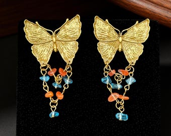 Gold Schmetterling baumeln Ohrringe, bunte Perlen Tropfen Ohrringe, Boho Natur Schmuck, leichtes Geschenk für sie