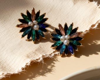 Vintage Blumen Ohrstecker, Bunte Edelstein Blumen Ohrringe, Barock inspirierte Perlen Ohrringe, Statement Handgemachter Schmuck Geschenk