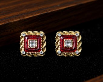 Vintage Rote Kristall Ohrstecker, Gold Seil Quadrat Ohrringe, Retro Statement Ohrstecker, Elegante Strass Ohrringe, Handgemachter Schmuck Geschenk