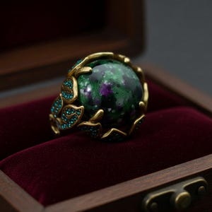 Victorian Gothic Statement Ring,Ruby Zoisite Stone, Large Cabochon Leaf Ring,Antique Gold Cocktail Ring, Dark Academia Jewelry,Witchy Gift image 3