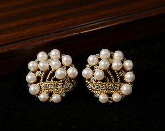 Vintage Perlen Ohrstecker, Gold Statement Perlen Ohrringe, Retro Strass Ohrstecker, Elegante Braut Ohrringe, Handgemachter Schmuck Geschenk für Sie
