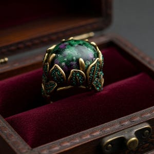 Victorian Gothic Statement Ring,Ruby Zoisite Stone, Large Cabochon Leaf Ring,Antique Gold Cocktail Ring, Dark Academia Jewelry,Witchy Gift image 4