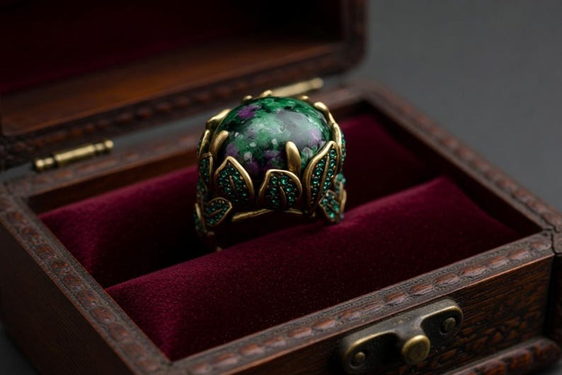 Victorian Gothic Statement Ring,Ruby Zoisite Stone, Large Cabochon Leaf Ring,Antique Gold Cocktail Ring, Dark Academia Jewelry,Witchy Gift image 4