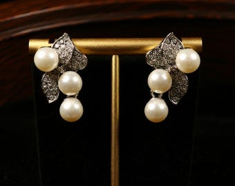 Vintage Perlen Bogen Tropfen Ohrringe, Handgefertigte Kristall Blatt Perlen Ohrringe, Eleganter Brautschmuck, Klassische Statement Ohrringe Geschenk für Sie