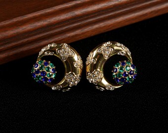 Vintage Gold Kristall Ohrstecker, Grün Blau Strass Statement Ohrringe, Retro Handgemachter Schmuck, Eleganter Designer Style Ohrringe