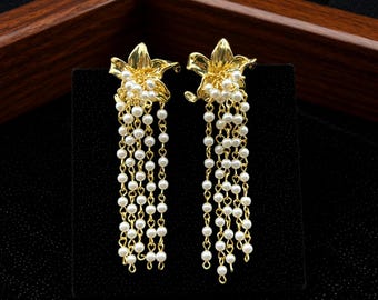 Handgemachte Gold Lilie Blume Perle Quaste Ohrringe, lange Perle Fransen baumeln Ohrringe, Elegante Braut Blumenschmuck, Romantische Natur Geschenk Sie