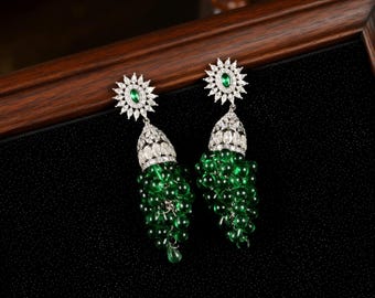 Vintage Smaragd Grün Statement Ohrringe, Handgemachte Perlen Quaste Tropfen Ohrringe, Kristall Blumen Baumeln Ohrringe, Eleganter Brautschmuck Geschenk