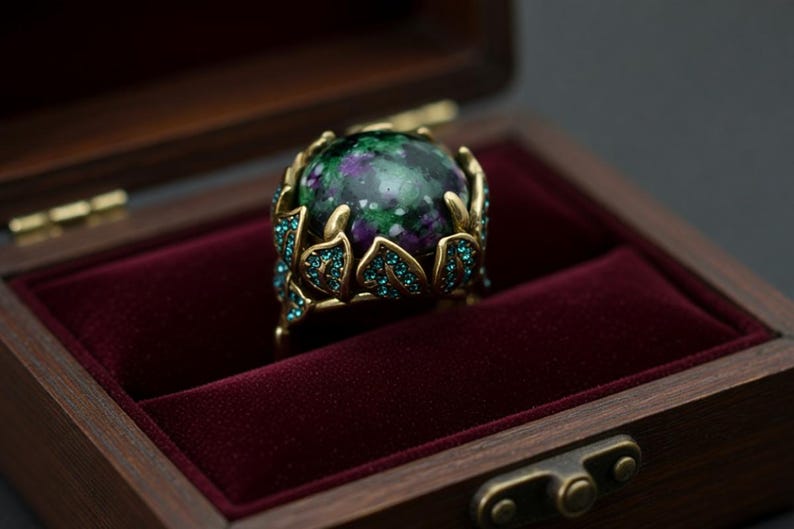 May include: A gemstone ring with a large, round, green and purple stone, set in a gold-colored metal. The ring is in a wooden box with a burgundy velvet interior. The ring's design includes leaf-like accents with small blue gemstones.